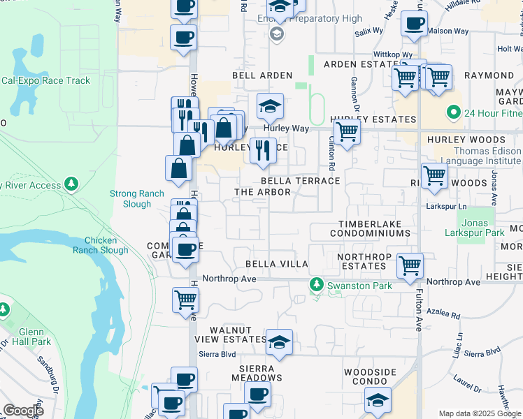 map of restaurants, bars, coffee shops, grocery stores, and more near 1049 Bell Street in Sacramento