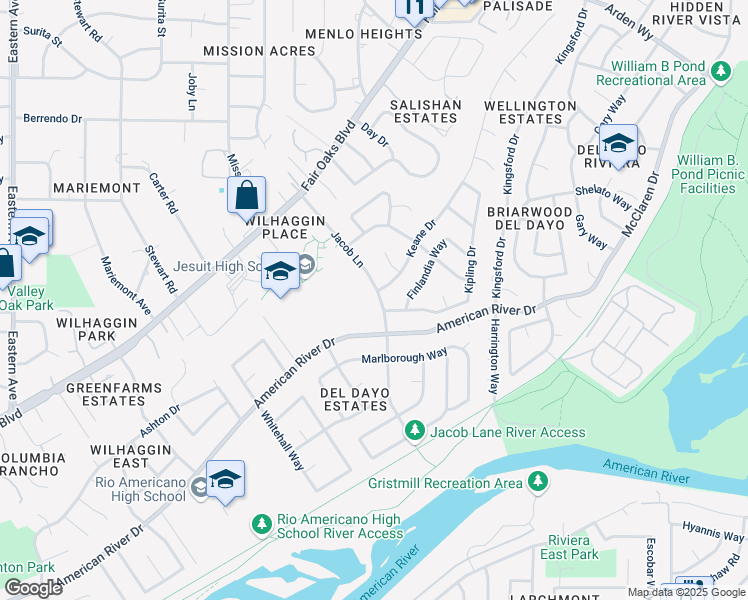 map of restaurants, bars, coffee shops, grocery stores, and more near 1131 Jacob Lane in Carmichael