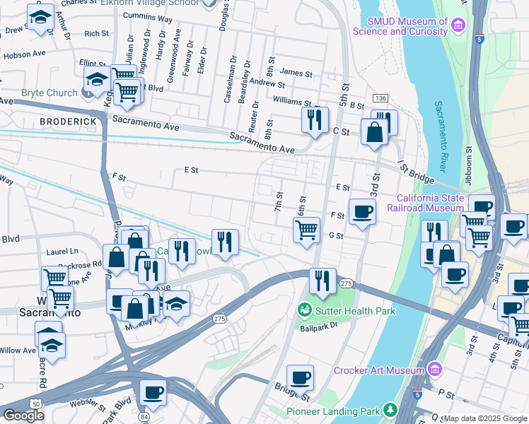 map of restaurants, bars, coffee shops, grocery stores, and more near 731 F Street in West Sacramento