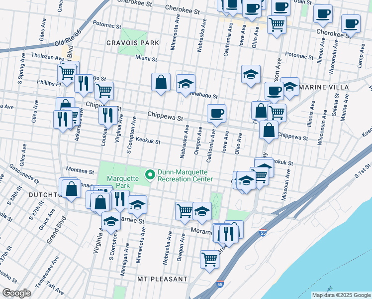 map of restaurants, bars, coffee shops, grocery stores, and more near 2852 Keokuk Street in St. Louis