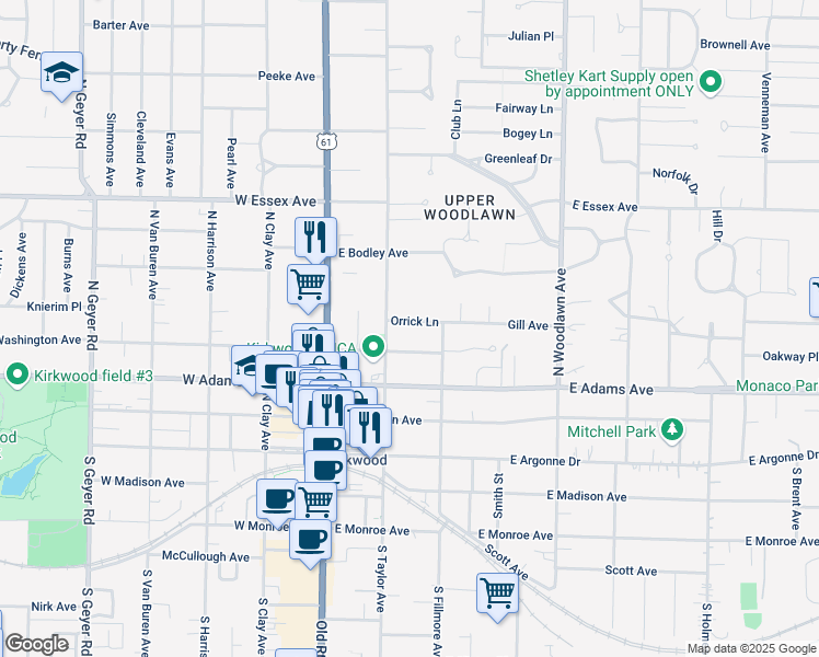 map of restaurants, bars, coffee shops, grocery stores, and more near 406 North Taylor Avenue in Kirkwood