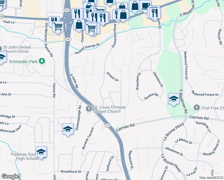 map of restaurants, bars, coffee shops, grocery stores, and more near 475 Lynwood Forest Drive in Ballwin