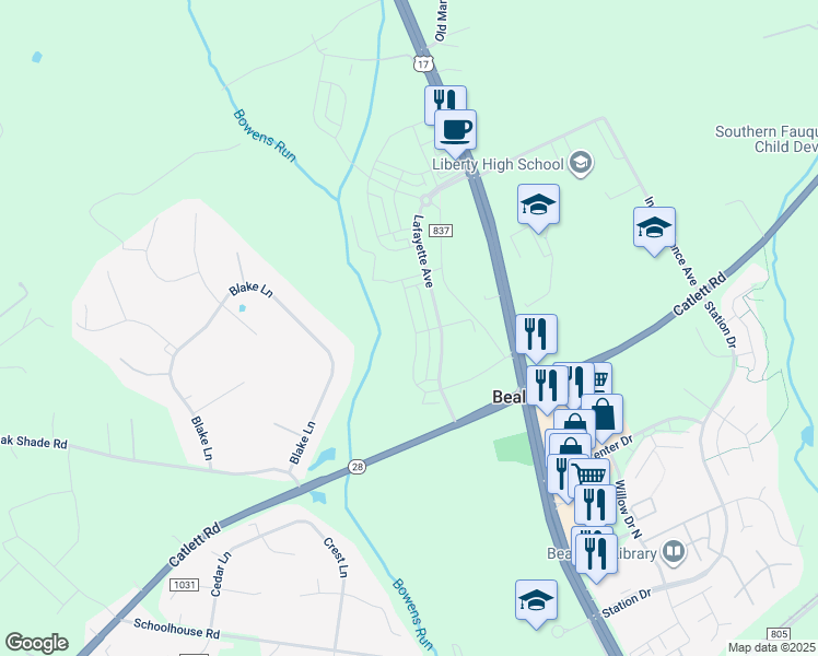 map of restaurants, bars, coffee shops, grocery stores, and more near 2960 Revere Street in Bealeton