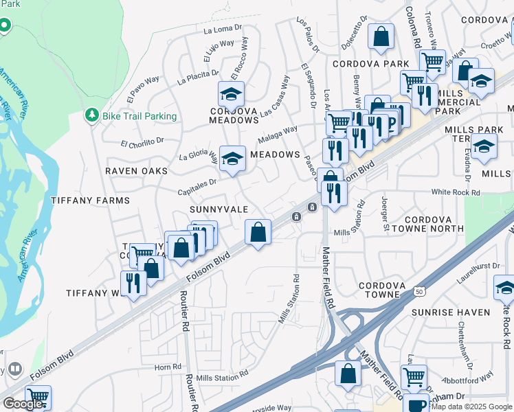 map of restaurants, bars, coffee shops, grocery stores, and more near 2890 La Loma Drive in Rancho Cordova