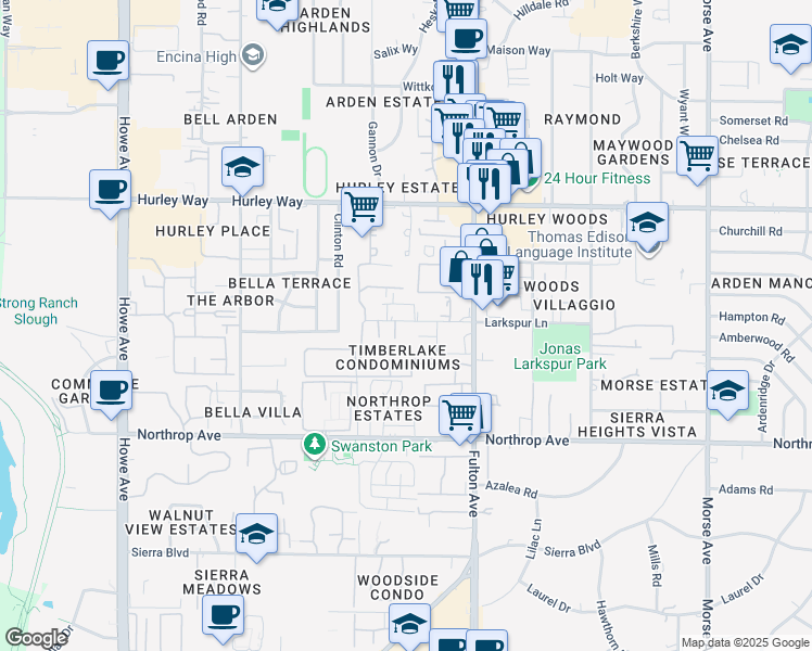 map of restaurants, bars, coffee shops, grocery stores, and more near 1035 Fulton Avenue in Sacramento