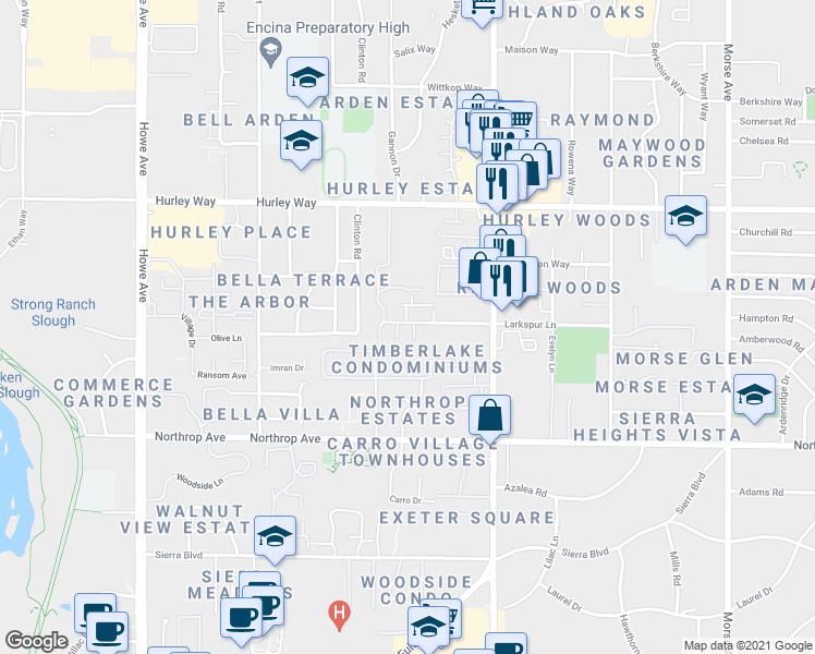 map of restaurants, bars, coffee shops, grocery stores, and more near 2432 Larkspur Lane in Sacramento