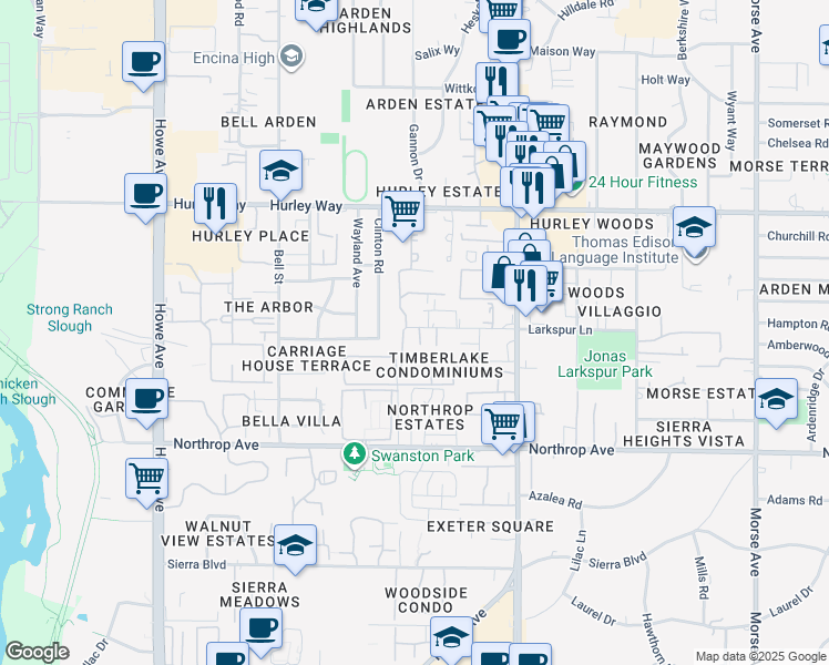 map of restaurants, bars, coffee shops, grocery stores, and more near 2432 Larkspur Lane in Sacramento