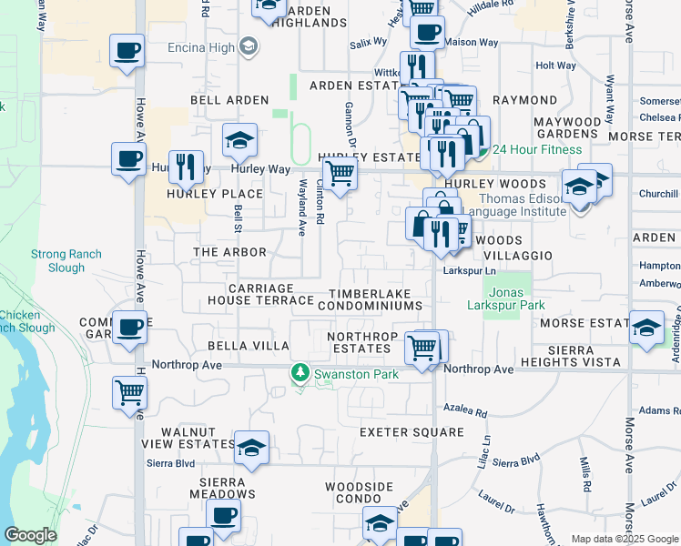 map of restaurants, bars, coffee shops, grocery stores, and more near 2432 Larkspur Lane in Sacramento
