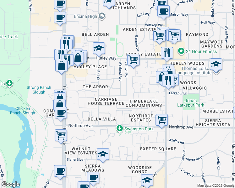 map of restaurants, bars, coffee shops, grocery stores, and more near 1040 Clinton Road in Sacramento