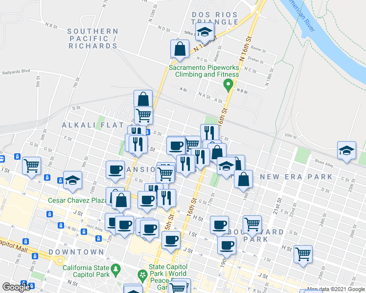 map of restaurants, bars, coffee shops, grocery stores, and more near 425 14th Street in Sacramento