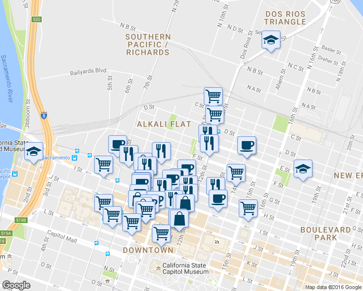 map of restaurants, bars, coffee shops, grocery stores, and more near 1017 F Street in Sacramento
