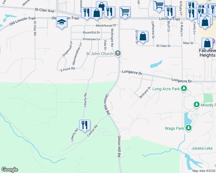 map of restaurants, bars, coffee shops, grocery stores, and more near 318 Union Hill Road in Fairview Heights