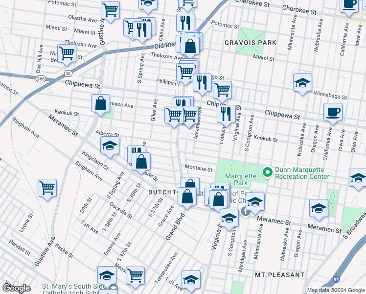 map of restaurants, bars, coffee shops, grocery stores, and more near in St. Louis