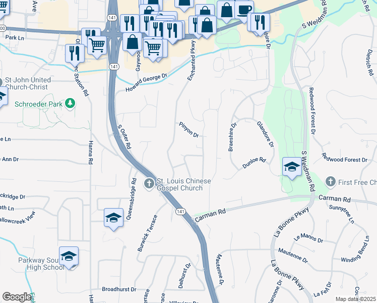 map of restaurants, bars, coffee shops, grocery stores, and more near 475 Lynwood Forest Drive in Ballwin
