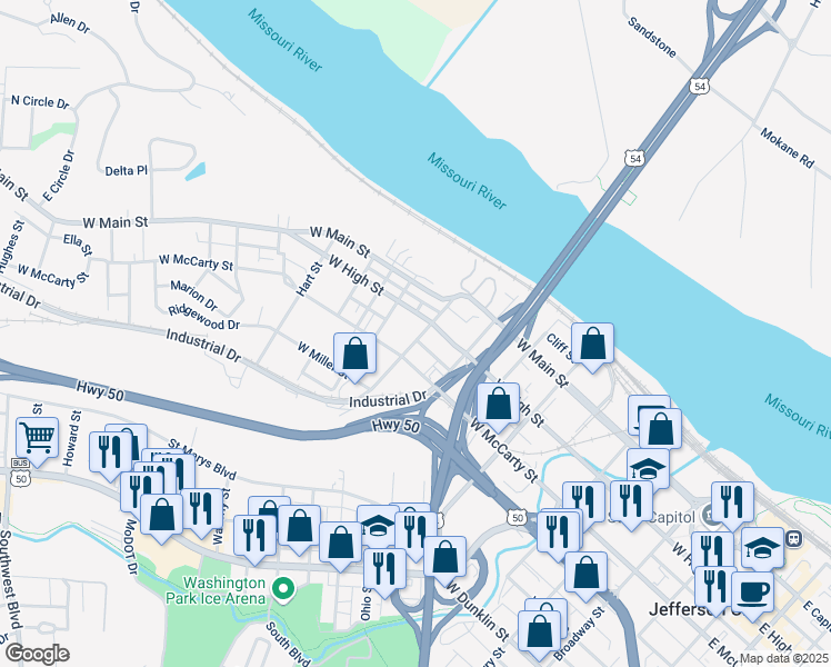 map of restaurants, bars, coffee shops, grocery stores, and more near 913 West High Street in Jefferson City