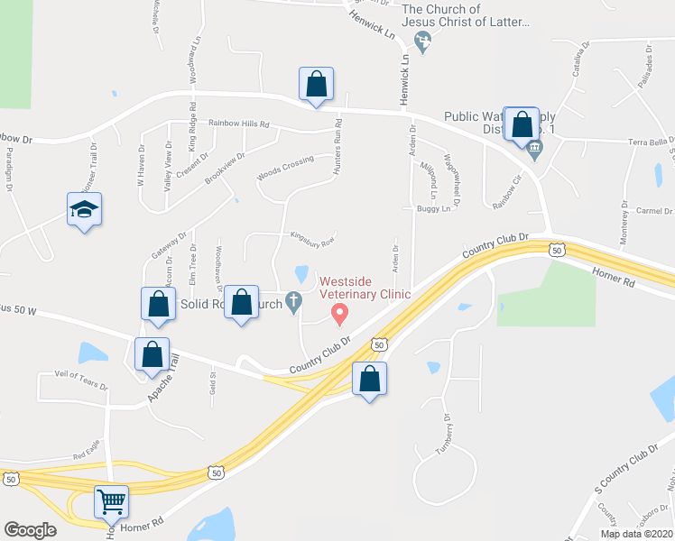 map of restaurants, bars, coffee shops, grocery stores, and more near 408 Kensington Park in Jefferson City