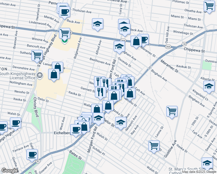 map of restaurants, bars, coffee shops, grocery stores, and more near 4562 Morganford Road in St. Louis