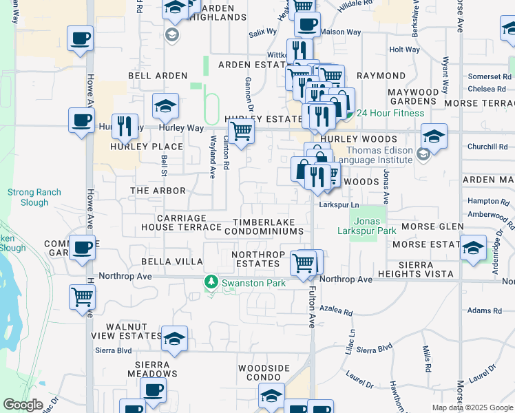 map of restaurants, bars, coffee shops, grocery stores, and more near 2432 Larkspur Lane in Sacramento