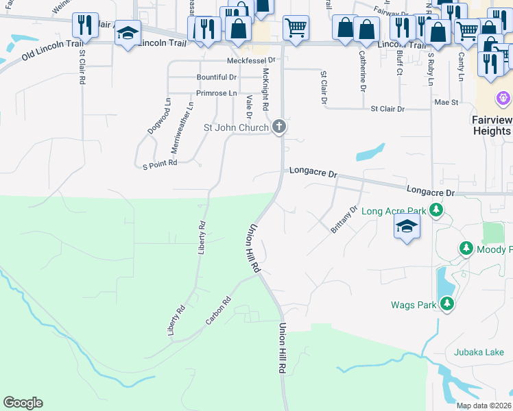 map of restaurants, bars, coffee shops, grocery stores, and more near 318 Union Hill Road in Fairview Heights