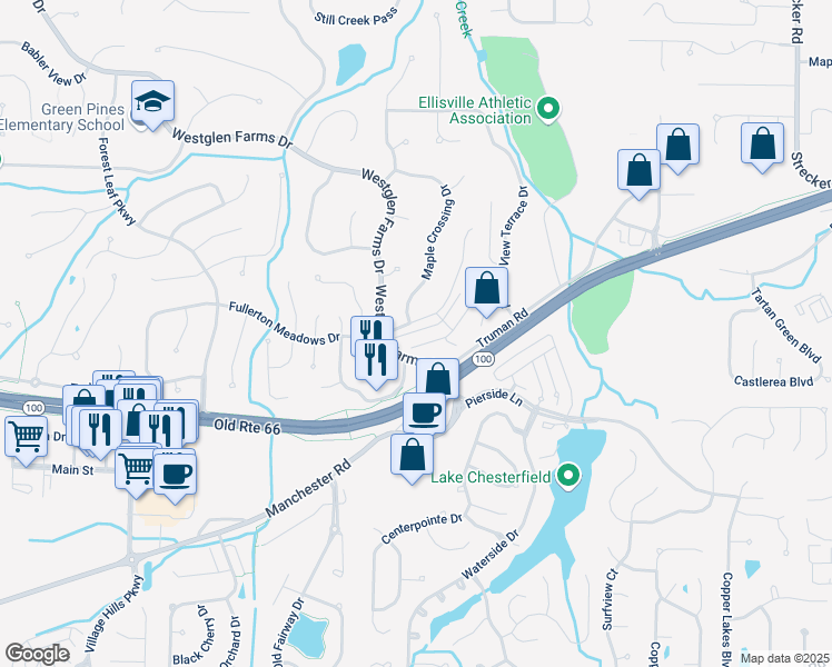 map of restaurants, bars, coffee shops, grocery stores, and more near 16401 Village Plaza View Drive in Wildwood