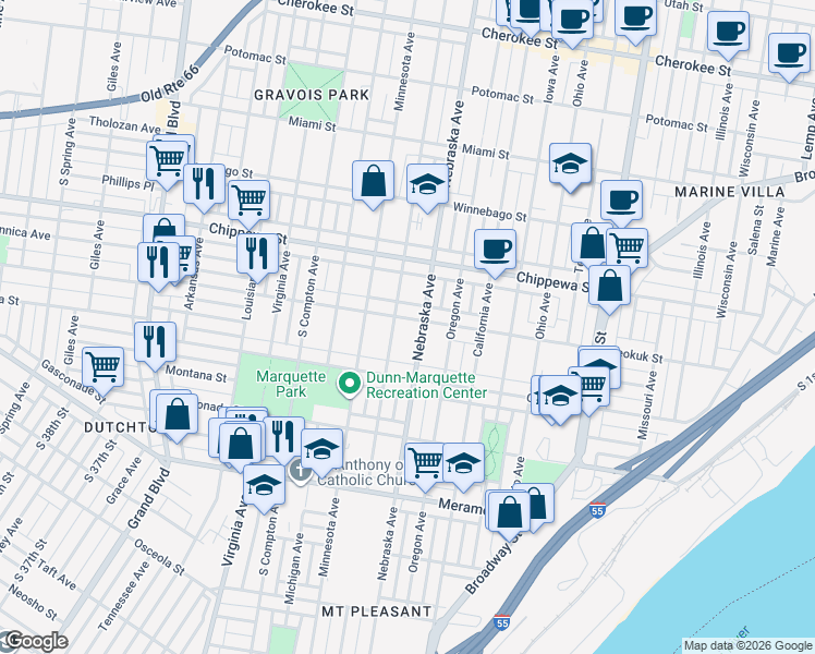 map of restaurants, bars, coffee shops, grocery stores, and more near 3929 Pennsylvania Avenue in St. Louis