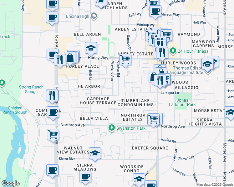 map of restaurants, bars, coffee shops, grocery stores, and more near 1075 Clinton Road in Sacramento