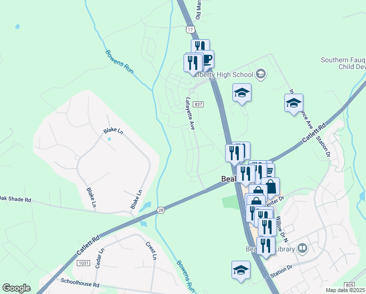 map of restaurants, bars, coffee shops, grocery stores, and more near 2960 Revere Street in Bealeton