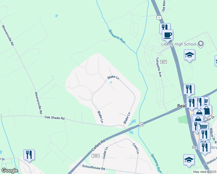 map of restaurants, bars, coffee shops, grocery stores, and more near 10934 Rugby Drive in Bealeton