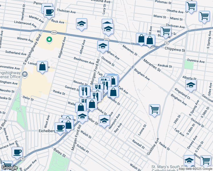 map of restaurants, bars, coffee shops, grocery stores, and more near 4219 Ellenwood Avenue in Saint Louis