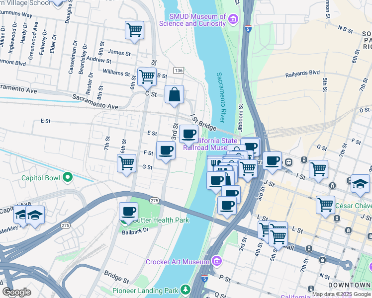 map of restaurants, bars, coffee shops, grocery stores, and more near 455 University Avenue in Sacramento