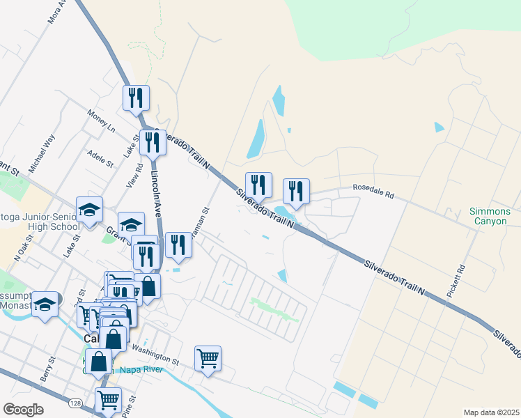 map of restaurants, bars, coffee shops, grocery stores, and more near 755 Silverado Trail North in Calistoga