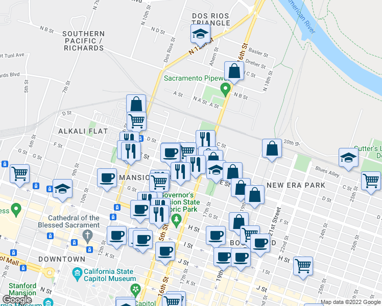 map of restaurants, bars, coffee shops, grocery stores, and more near 15th Street & D Street in Sacramento
