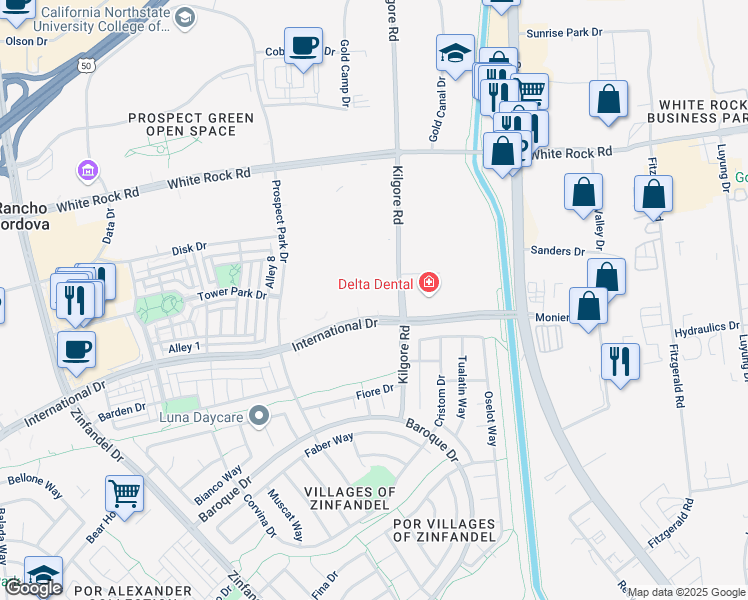 map of restaurants, bars, coffee shops, grocery stores, and more near 11185 International Drive in Rancho Cordova