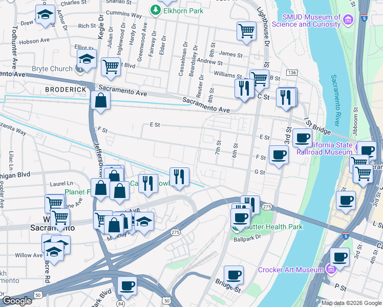 map of restaurants, bars, coffee shops, grocery stores, and more near 819 F Street in West Sacramento
