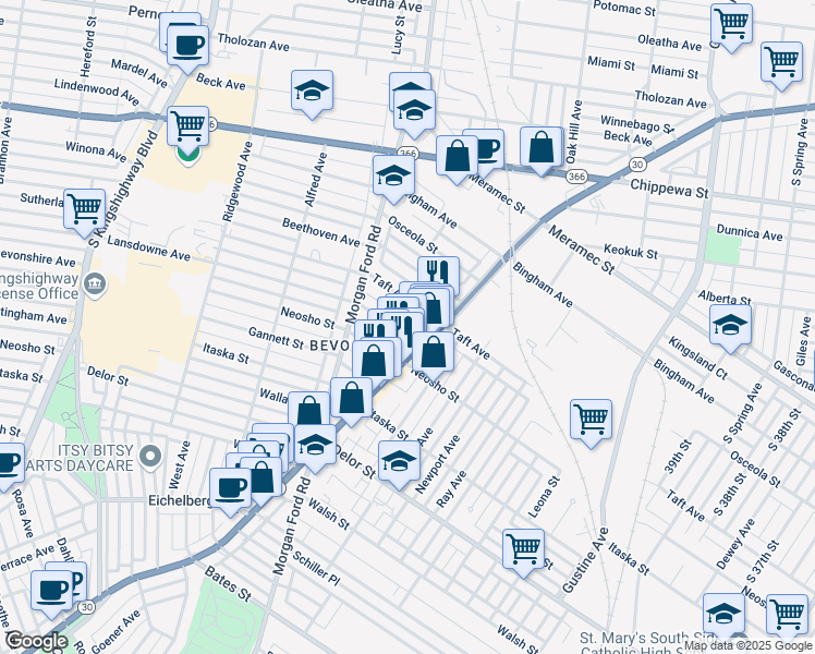 map of restaurants, bars, coffee shops, grocery stores, and more near 4219 Ellenwood Avenue in St. Louis