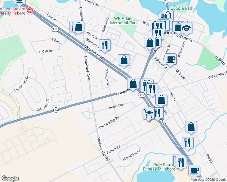 map of restaurants, bars, coffee shops, grocery stores, and more near 136 Laurel Road in Millsboro