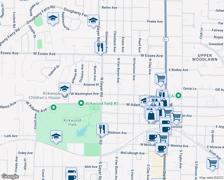 map of restaurants, bars, coffee shops, grocery stores, and more near 418 West Washington Avenue in Kirkwood