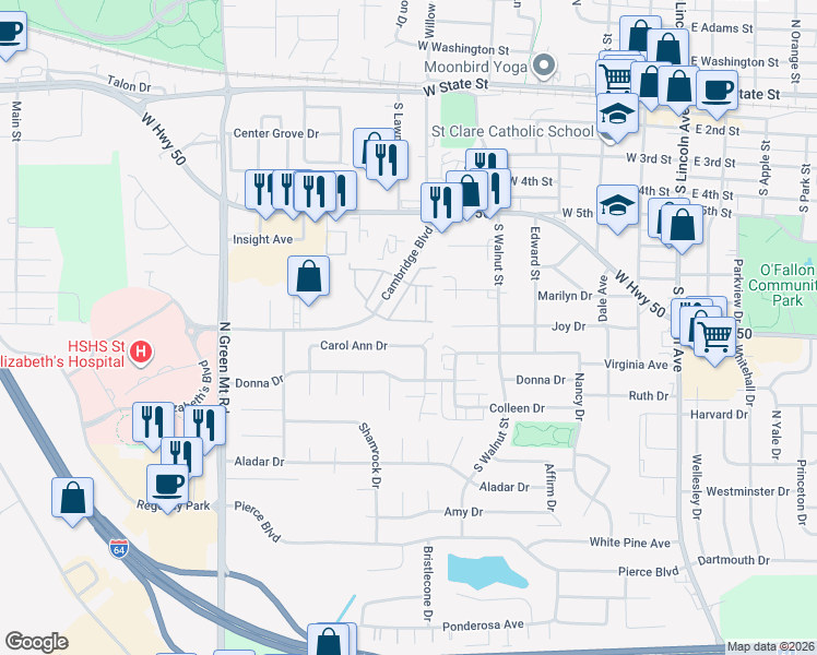 map of restaurants, bars, coffee shops, grocery stores, and more near 625 Titan Drive in O'Fallon