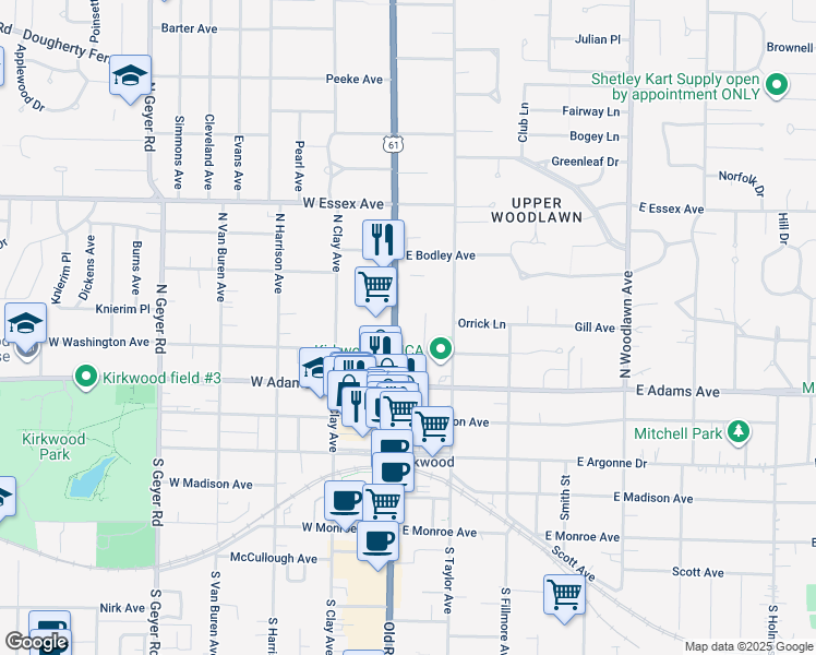 map of restaurants, bars, coffee shops, grocery stores, and more near 416 North Kirkwood Road in St. Louis