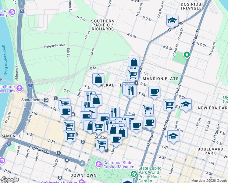 map of restaurants, bars, coffee shops, grocery stores, and more near 517 10th Street in Sacramento