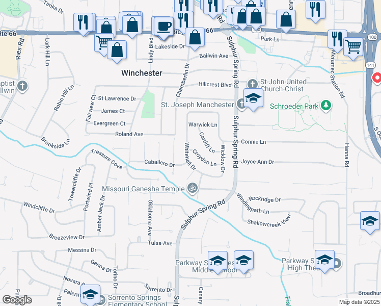 map of restaurants, bars, coffee shops, grocery stores, and more near 300 Croydon Lane in Ballwin
