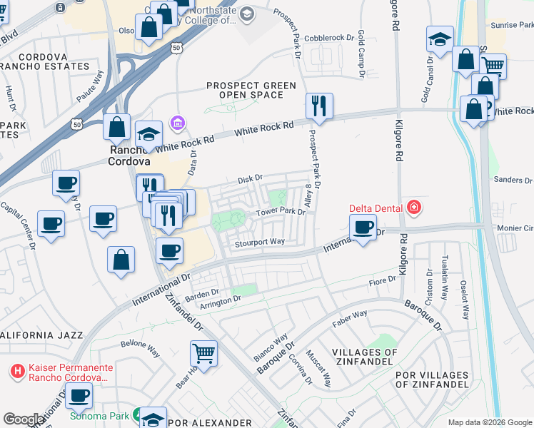 map of restaurants, bars, coffee shops, grocery stores, and more near 3147 Brindley Way in Rancho Cordova