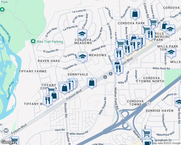 map of restaurants, bars, coffee shops, grocery stores, and more near 2890 La Loma Drive in Rancho Cordova