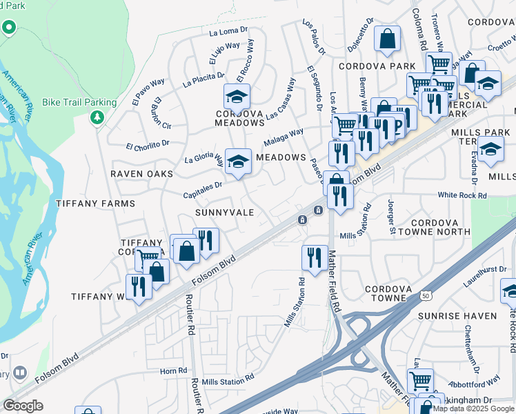 map of restaurants, bars, coffee shops, grocery stores, and more near 2850 La Loma Drive in Rancho Cordova