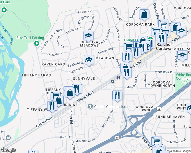 map of restaurants, bars, coffee shops, grocery stores, and more near 2890 La Loma Drive in Rancho Cordova