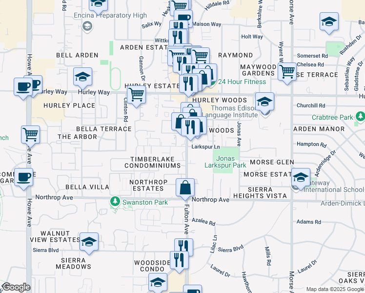 map of restaurants, bars, coffee shops, grocery stores, and more near 1065 Fulton Avenue in Sacramento