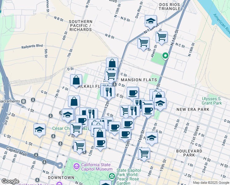 map of restaurants, bars, coffee shops, grocery stores, and more near 1220 E Street in Sacramento