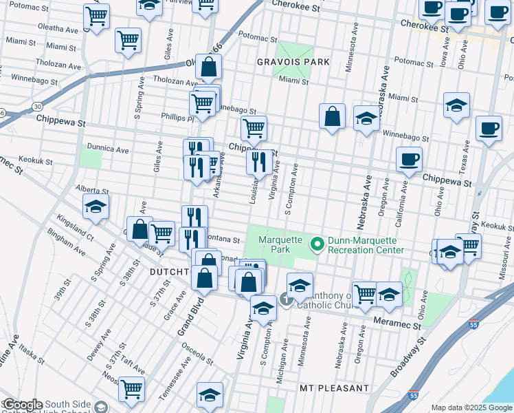 map of restaurants, bars, coffee shops, grocery stores, and more near 3405 Osage Street in St. Louis