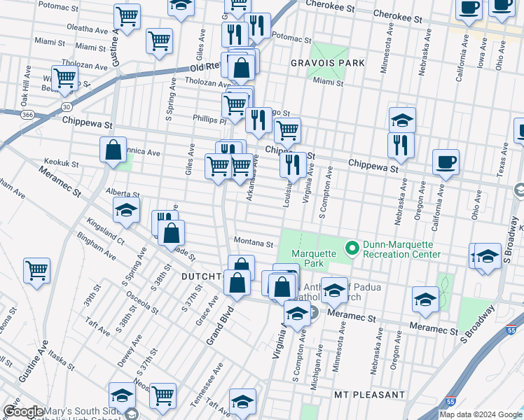 map of restaurants, bars, coffee shops, grocery stores, and more near 3441 Osage Street in St. Louis