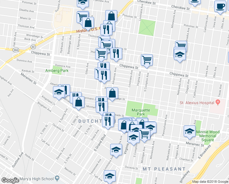 map of restaurants, bars, coffee shops, grocery stores, and more near 3441 Osage Street in St. Louis